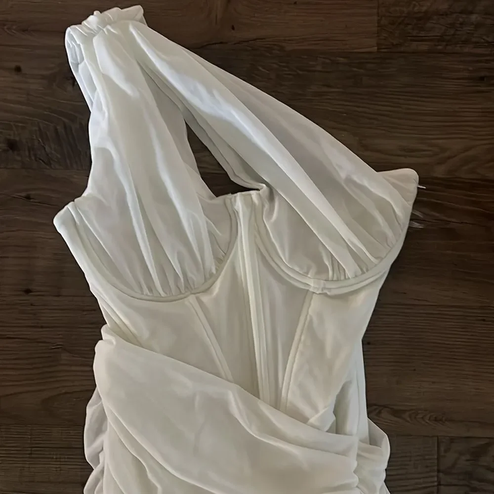 House of CB‎ Valentina Asymmetric Cutout Ivory Midi Dress - Picture 5 of 7